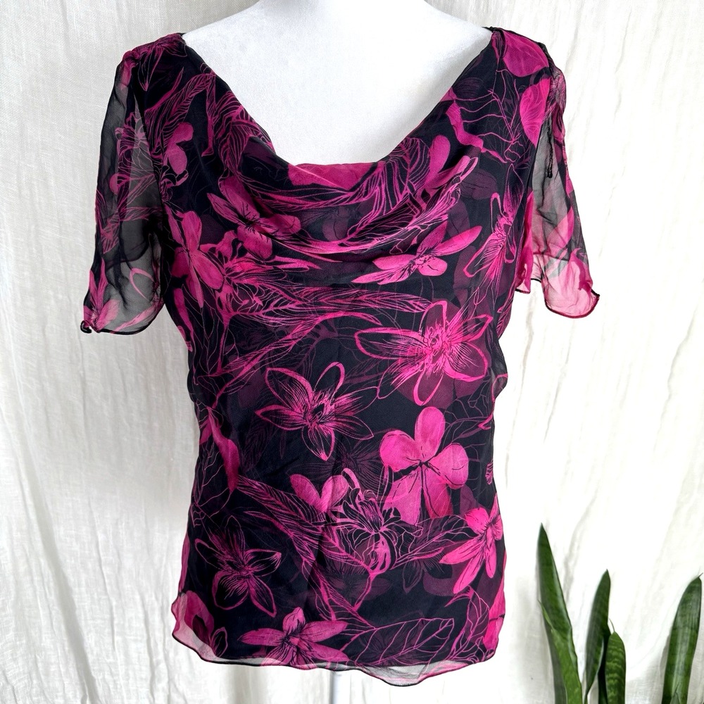 Vintage Pink Floral Going Out Top Silk M Romantic Whimsigoth Indie Cowl Neck 90s